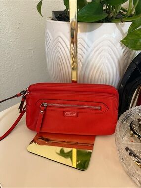 Coach Red Leather Zip Wallet with Silver Hardware